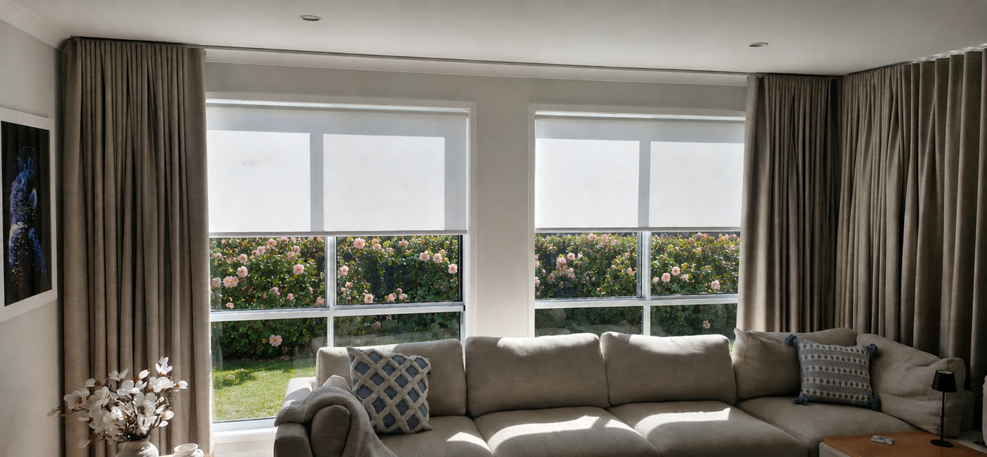 Light filtering roller blinds behind sheer curtains in a bright lounge