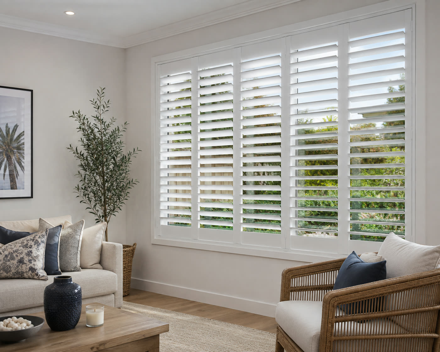 White plantation shutters across a wide living room window with the garden showing through